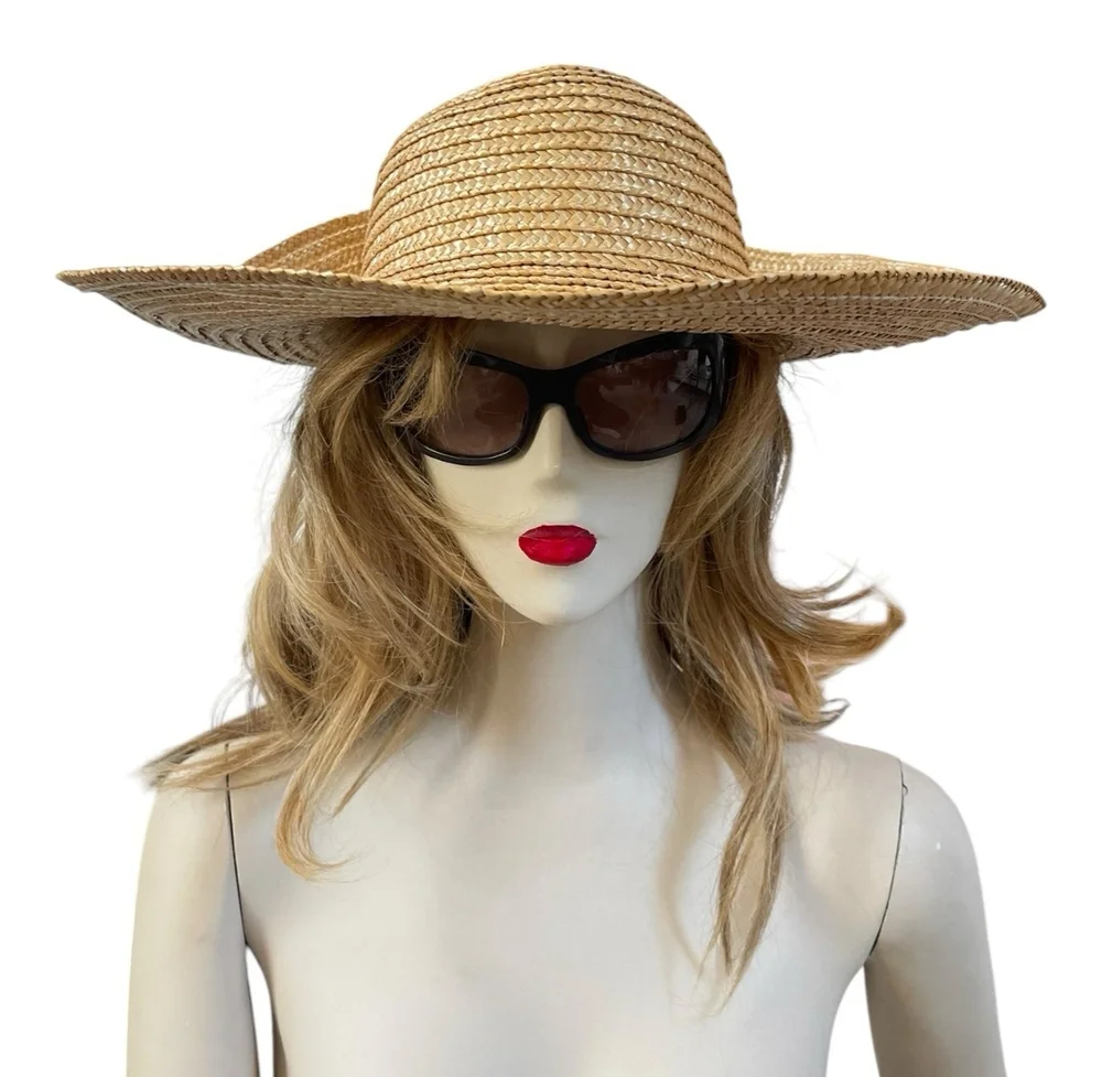 Vintage Wide Brim Natural Straw Sun Hat Black Satin Rose Flower Accent VG
